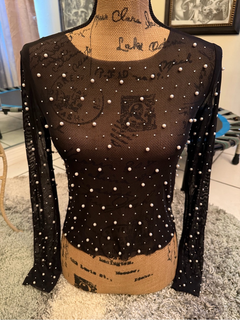 Women's Black Sheer Long-Sleeve Top with Pearl Embellishments